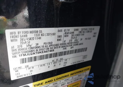 2019 Ford Expedition Limited z USA, uszkodzony, nr VIN 1FMJU2AT0KEA67468